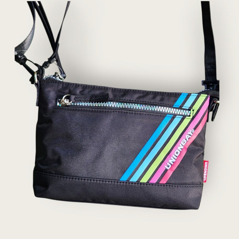 UnionBay Black Logo Retro Rainbow Striped Streetwear Y2K Zipper Crossbody - Picture 5 of 6